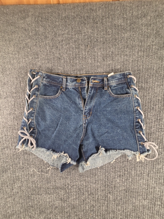 PrettyLittleThing Pants - PrettyLittleThing Dark Blue Lace-Up Denim Shorts